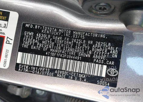 2015 Toyota Camry Se из США, поврежденный, VIN 4T1BF1FK3FU944491